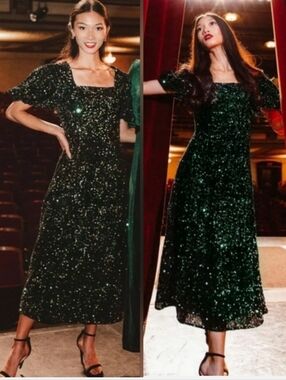 Ivy City Co Vivian Sequin Velvet Dress in Green Medium